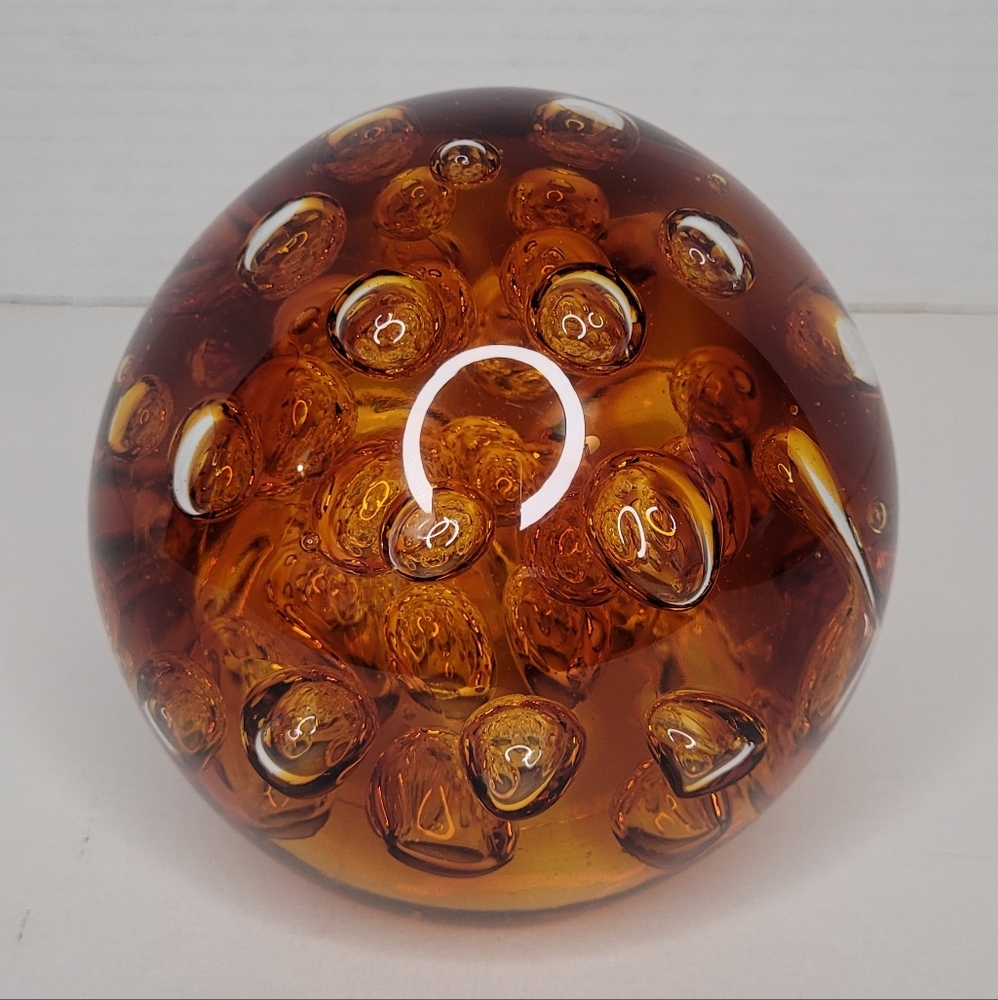 Vintage Amber Glass Big Controlled Bubbles Large Sphere Ball Paperweight MCM